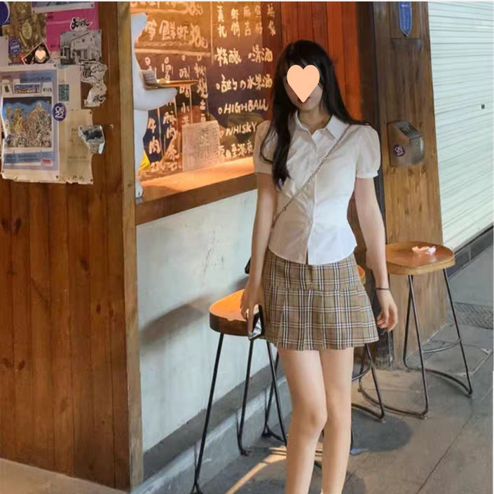 White Short-sleeved Bubble Sleeve Shirt Women