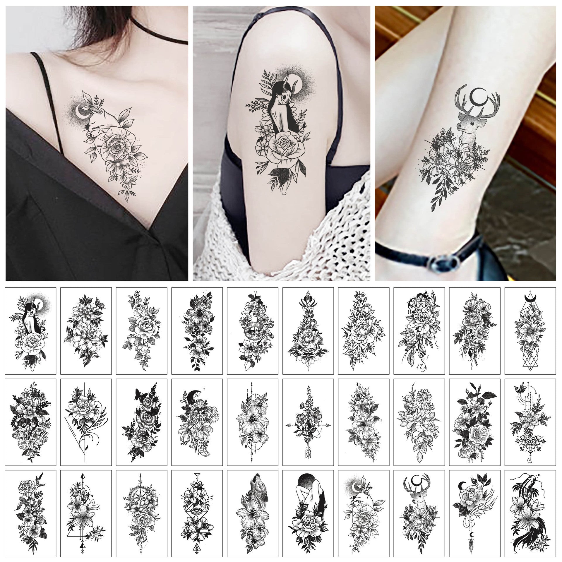 Sketch Flower Tattoo Sticker Black And White Scar Cover Up Rose Temporary Tattoo Sticker Package