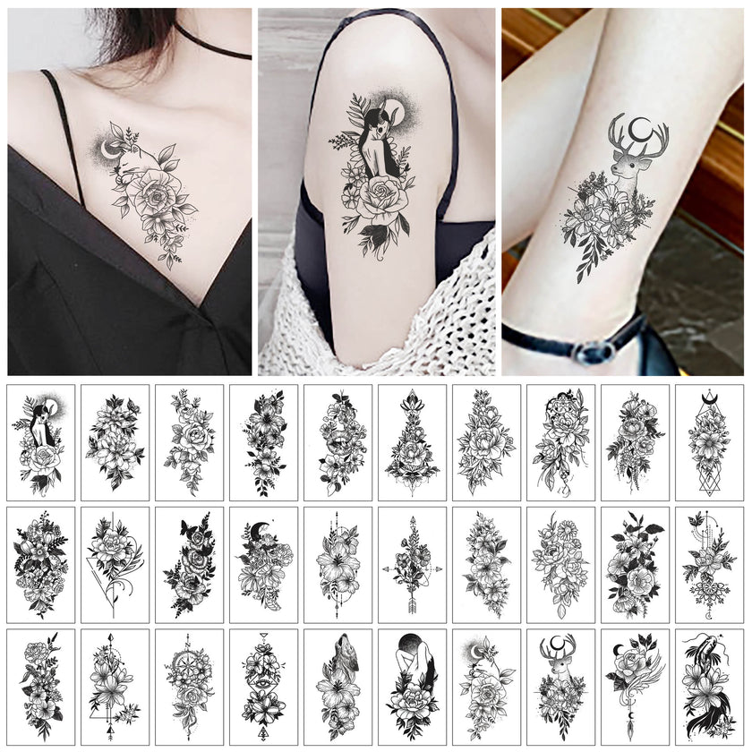 Sketch Flower Tattoo Sticker Black And White Scar Cover Up Rose Temporary Tattoo Sticker Package