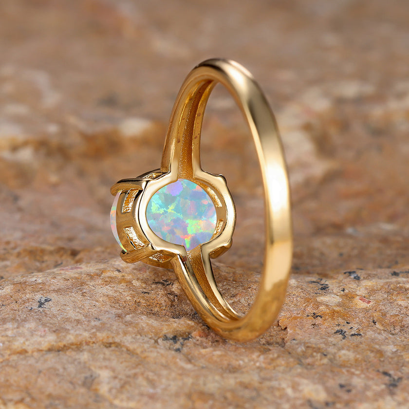 Golden Egg Shaped White Opal Minimalist Ring