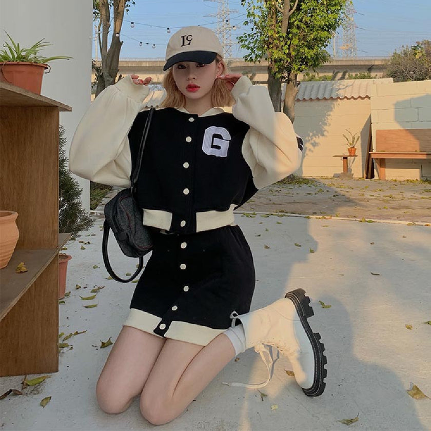 College Style Suit Coat Red Skirt Two-piece Set