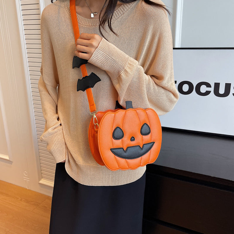 Funny Pumpkin Cartoon Shoulder Crossbody Bag With Bat Personalized Creative Female Bag