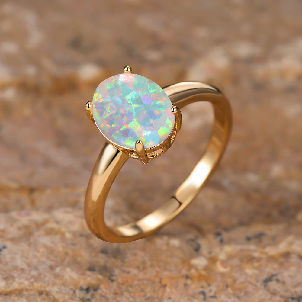 Golden Egg Shaped White Opal Minimalist Ring