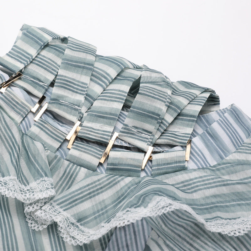 Short Shirt Women Spring Green Striped See-through Organza Turtleneck Patchwork Sexy Top