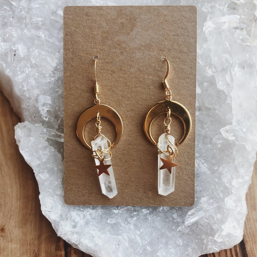 Natural Irregular Crystal Moon Star Earrings