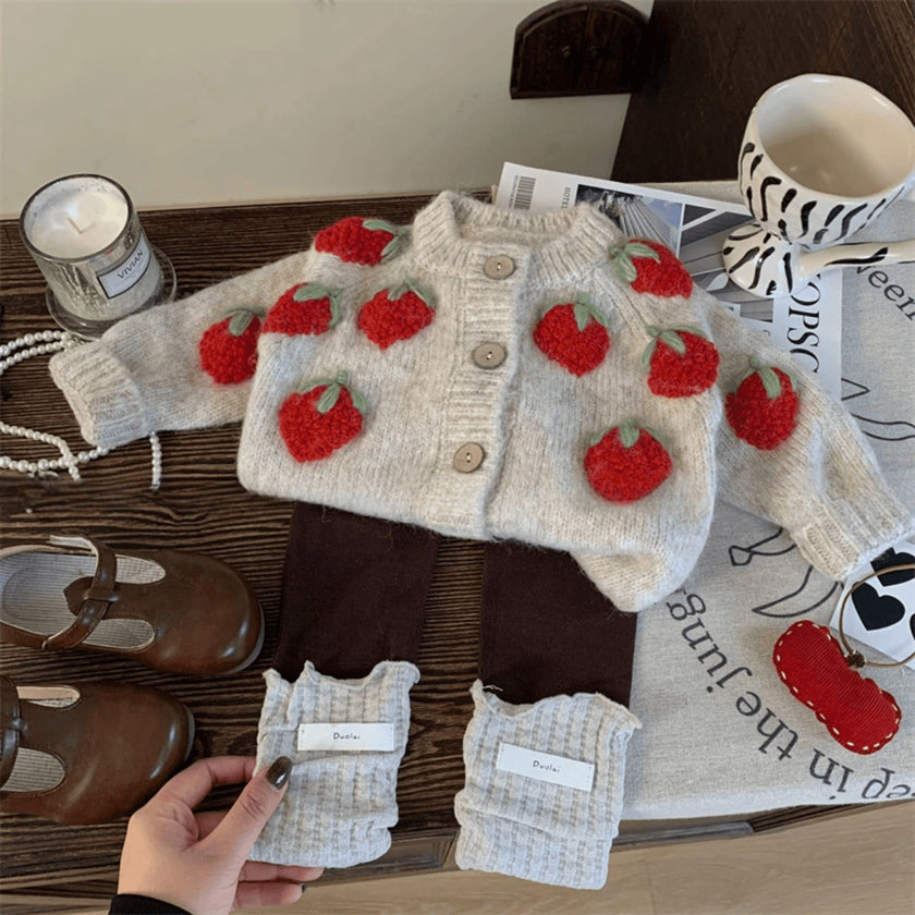 Baby Strawberry Knitted Coat Cardigan Two-piece Set
