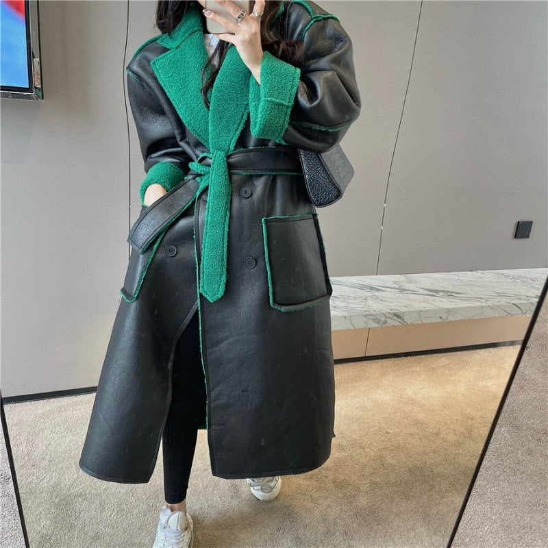 Fur Integrated Lamb Wool Medium Length Thickened Blue Coat
