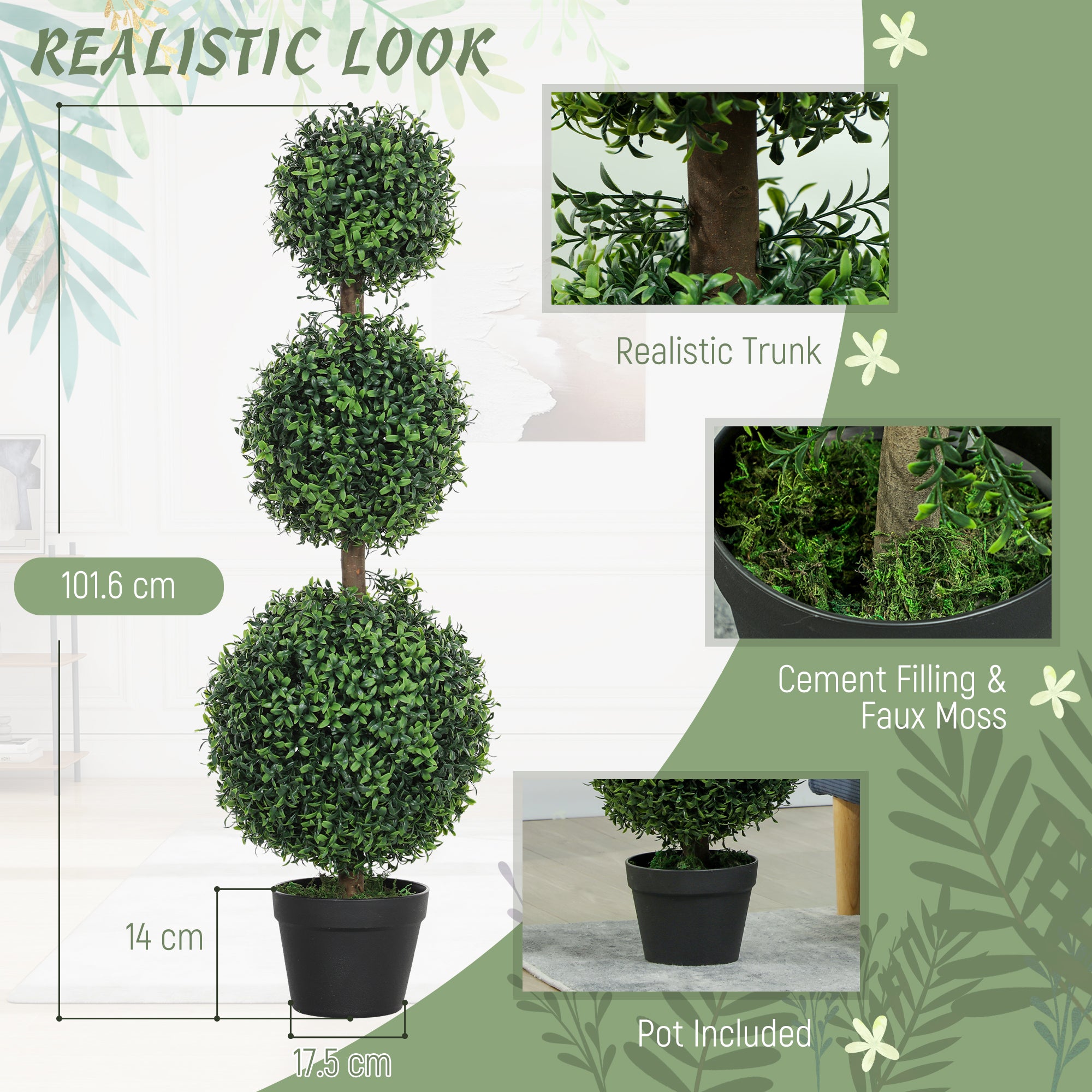 Set Of 2 Decorative Artificial Trees, Topiary Ball-shaped Boxwood Trees In Pot, Fake Plants For Home Indoor Outdoor Decor, 100cm, 3 Tree Balls