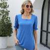 New Solid Color Square Collar Short Sleeve Smocking Loose T-shirt