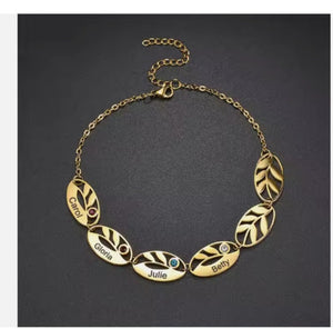 Stainless Steel Hollow Oval Leaf Engraved With Birthstone Bracelet