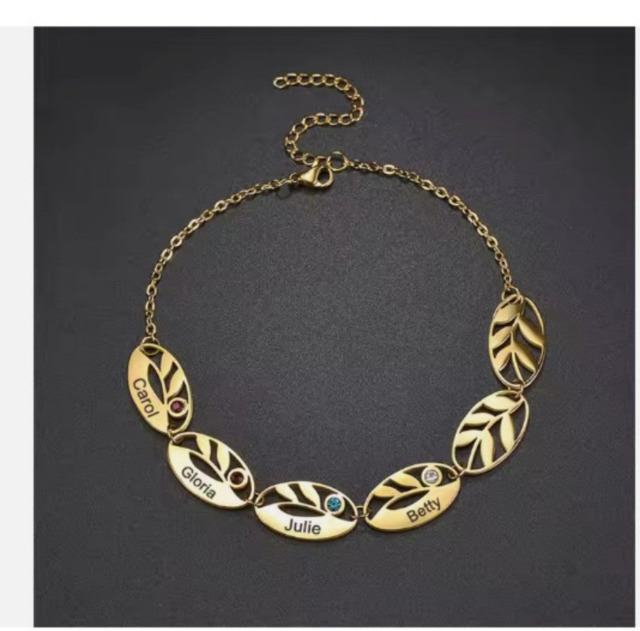 Stainless Steel Hollow Oval Leaf Engraved With Birthstone Bracelet