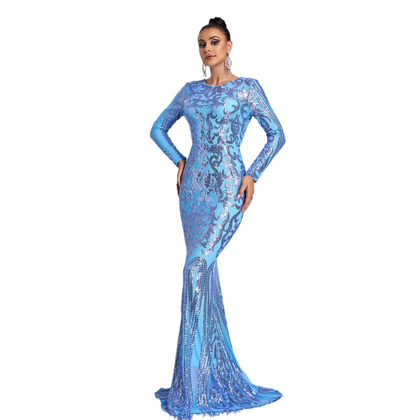 High-end Long Sleeve Temperament Crew Neck Sexy Long Sequined Banquet Evening Dress party