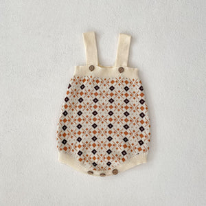Rhombus Jacquard Knitted Coat Strap Rompers Jumpsuit Suit