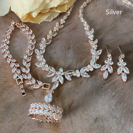 Korean Fashion Leaf Bridal Wedding Set Accessories Zircon Necklace Earrings Ring Bracelet Four-Piece Set