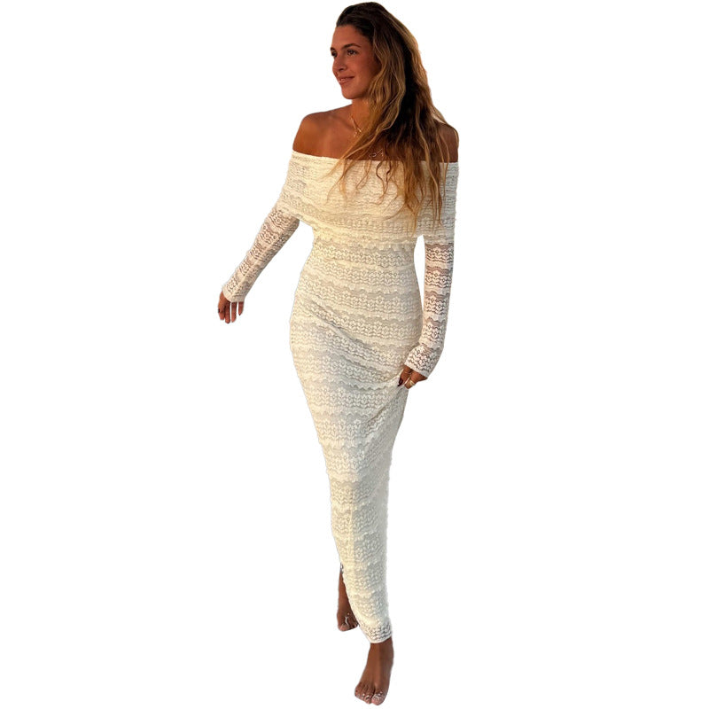 New Fashionable Elegant Socialite Style Off-shoulder Lace Dress Women