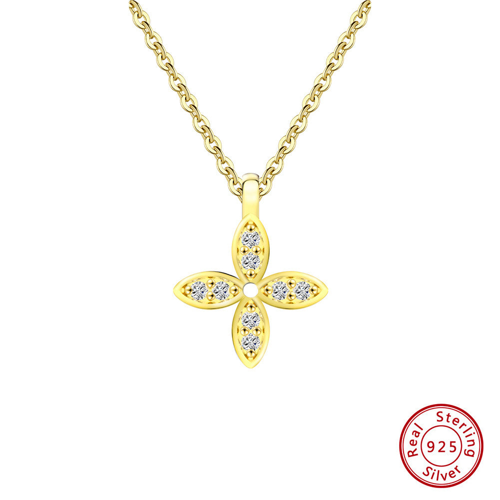 Lucky Four-Leaf Clover Sterling Silver Flower Zircon Pendant Necklace