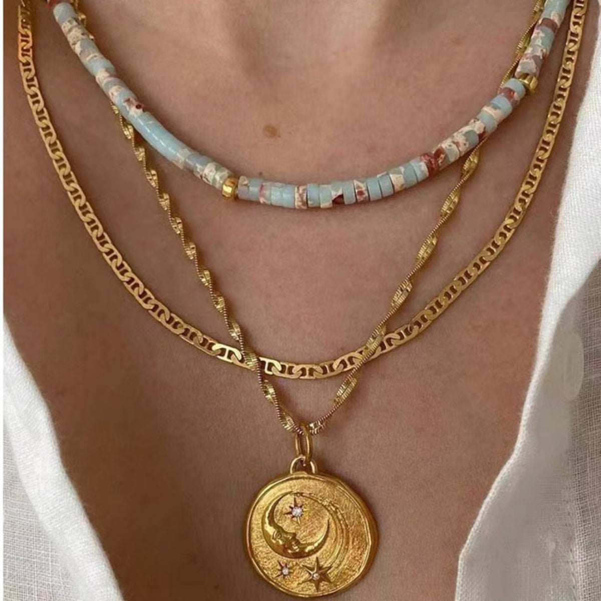 Star Moon Circle Card Stacked Necklace