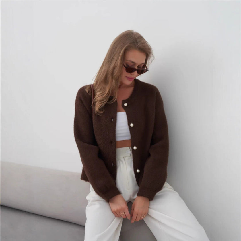 Short Pearl Buckle Artificial Mink Fur Sweater Coat For Women