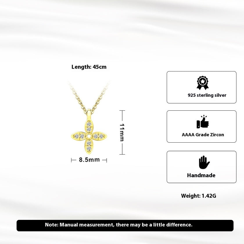 Lucky Four-Leaf Clover Sterling Silver Flower Zircon Pendant Necklace