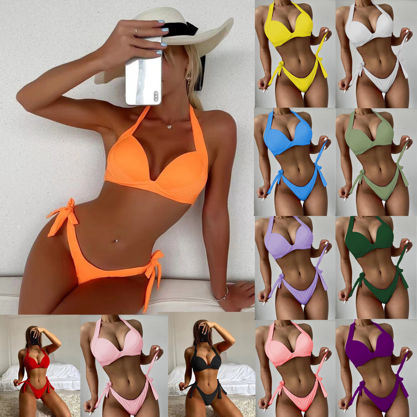 Solid Color Neck Bikini Strap Split Hard Cup Crimp Swimsuit