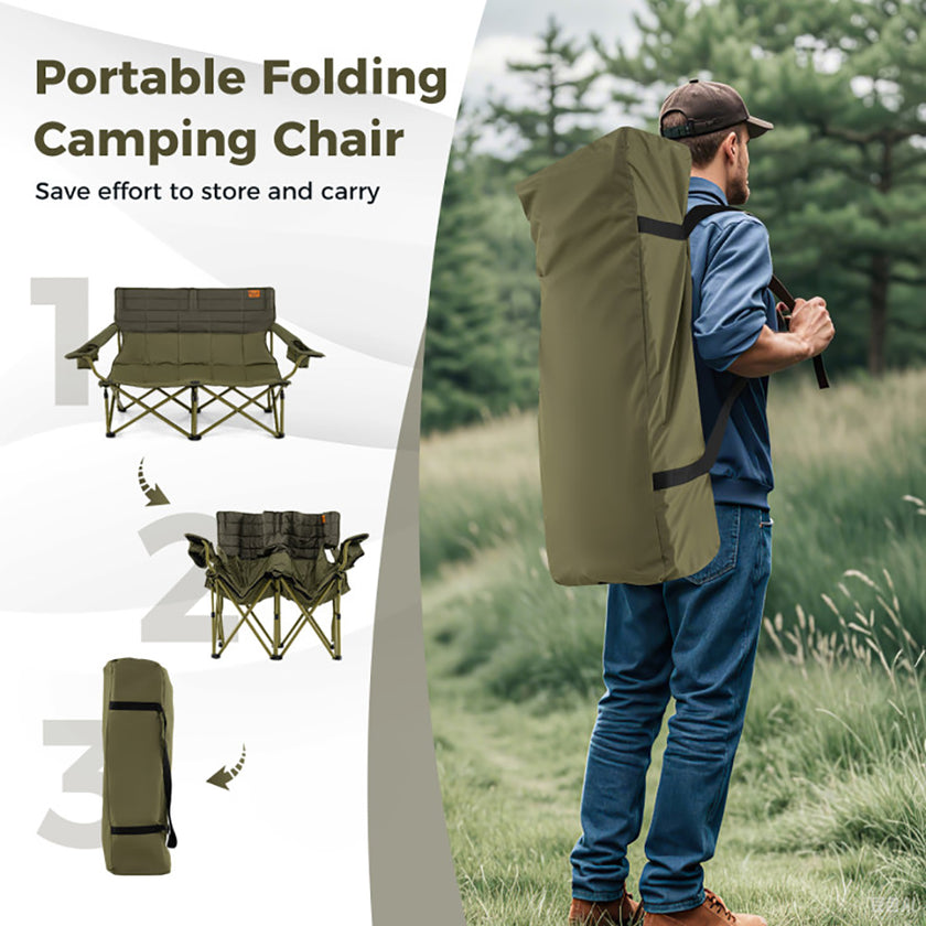 Oversized Camping Chair Folding Loveseat Camping Couch With Cup Holders & Thick Padding