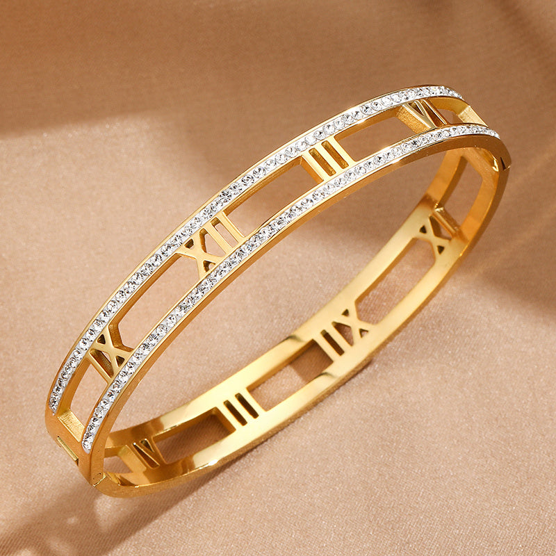 Titanium Steel Electroplated 18K Real Gold Roman Numerals Bracelet