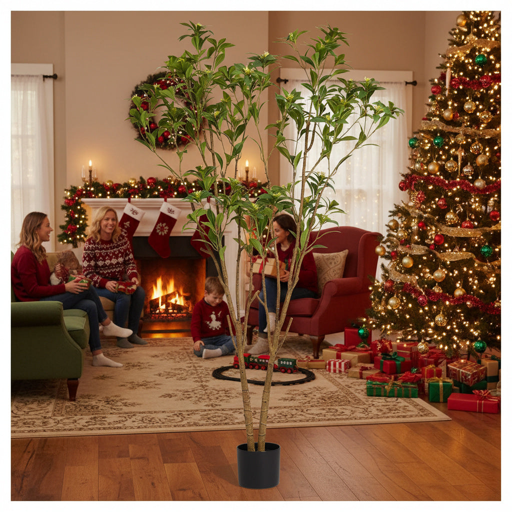 5.2FT Artificial Tree Natural Look Citrus Faux Tree Artificial Floor Plant W Leaves & Flowers For Home Office Patio Decor