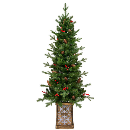 4ft Pre-lit Potted Porch Christmas Tree, Small Slim Christmas Tree With Multicolor Lights, Twinkle Potted Xmas Tree With Mixed PE, Metal Glint Basin, 8 Color Mode For Entrance, Yard,Pathway Decor