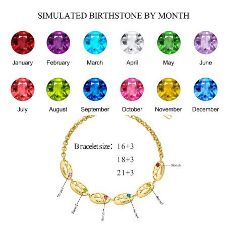 Stainless Steel Hollow Oval Leaf Engraved With Birthstone Bracelet