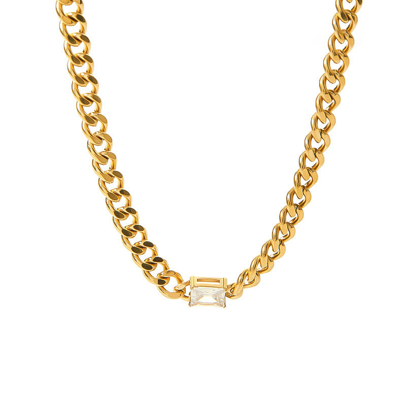 Stainless Steel Necklace Bracelet Jewelry Inlaid Rectangular Zircon 18K Gold Cuban Link Chain Necklace