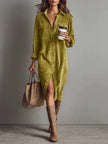 Turn-Down Collar Buttons Chic Casual Dress, Women Spring Autumn Solid Simple Party Dress, Long Sleeve Holiday Ladies Dress