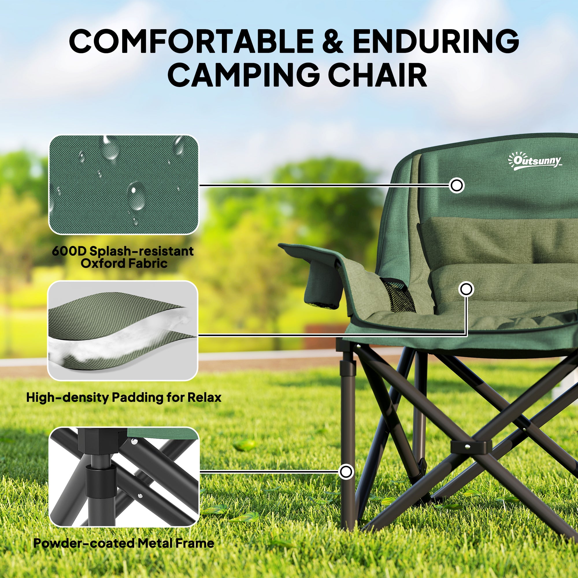 Portable Padded Camping Chair, With Bag - Olive Green
