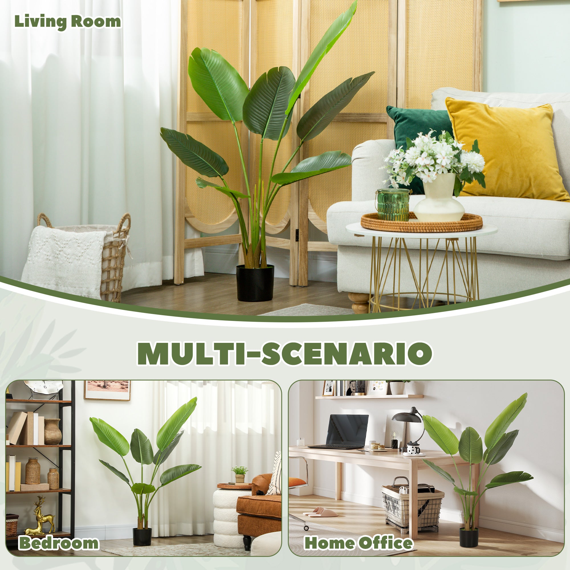 109cm Artificial Bird Of Paradise Plant, Faux Banana Leaf Tree With PEVA Leaves And Flocking, Decorative Palm Tree In Pot For Home Office Decor, Green