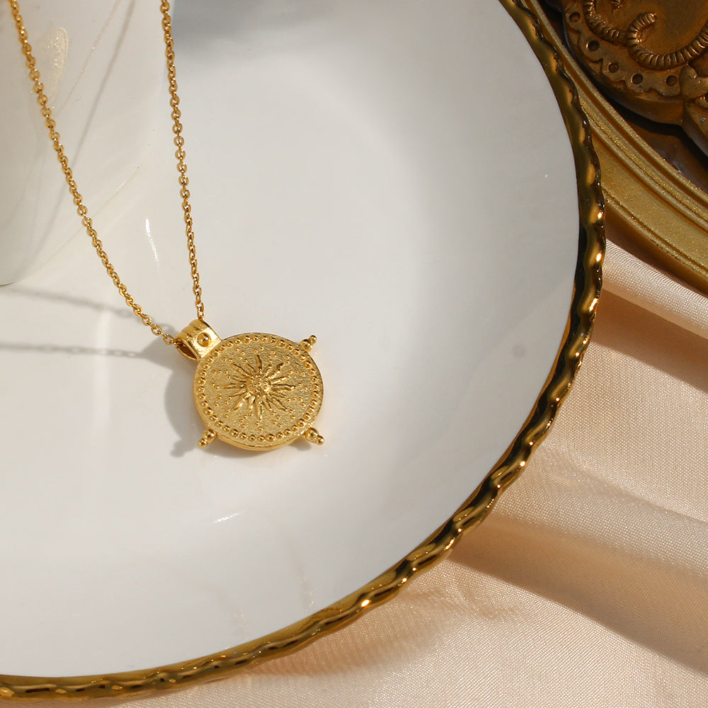 Stainless Steel Plated 18K Gold Vintage Sun Compass Pendant Necklace