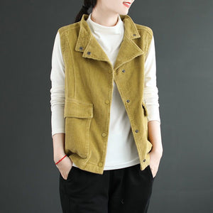 Double-layer Corduroy Cardigan Vest Women's Coat Waistcoat Lapel Top Retro