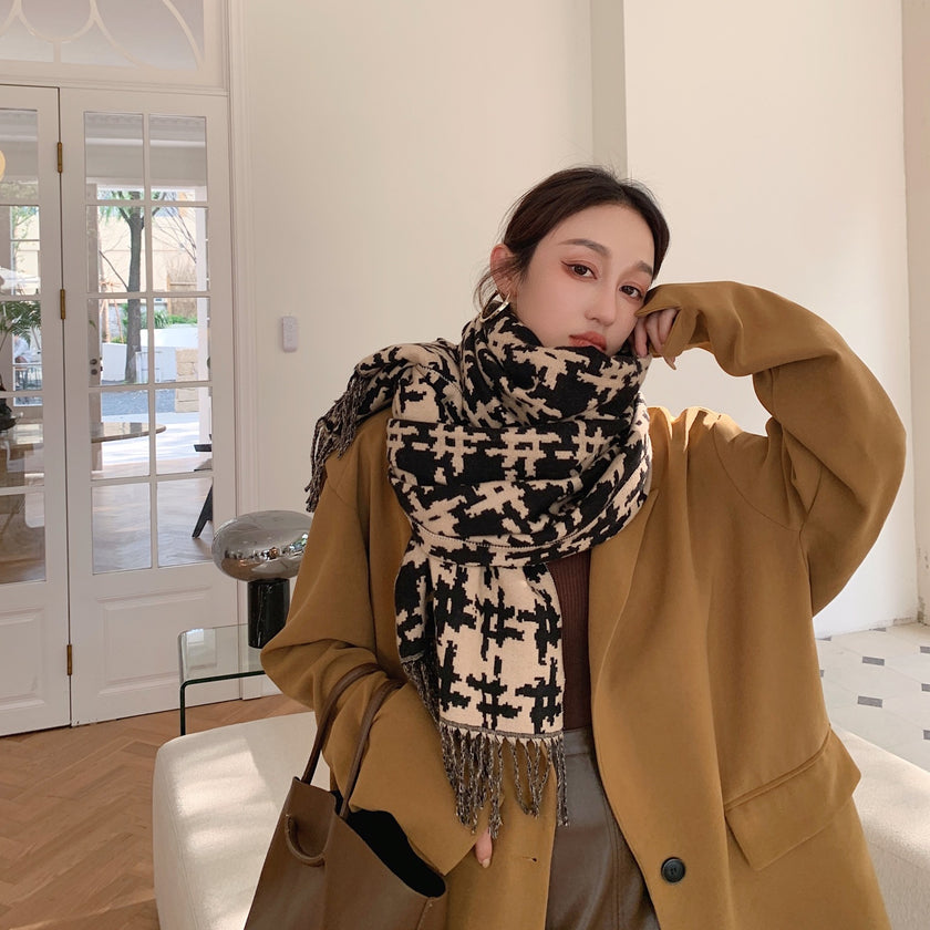 Long Fringed Thick Houndstooth Large Shawl Women Long Temperament Warmth Scarf