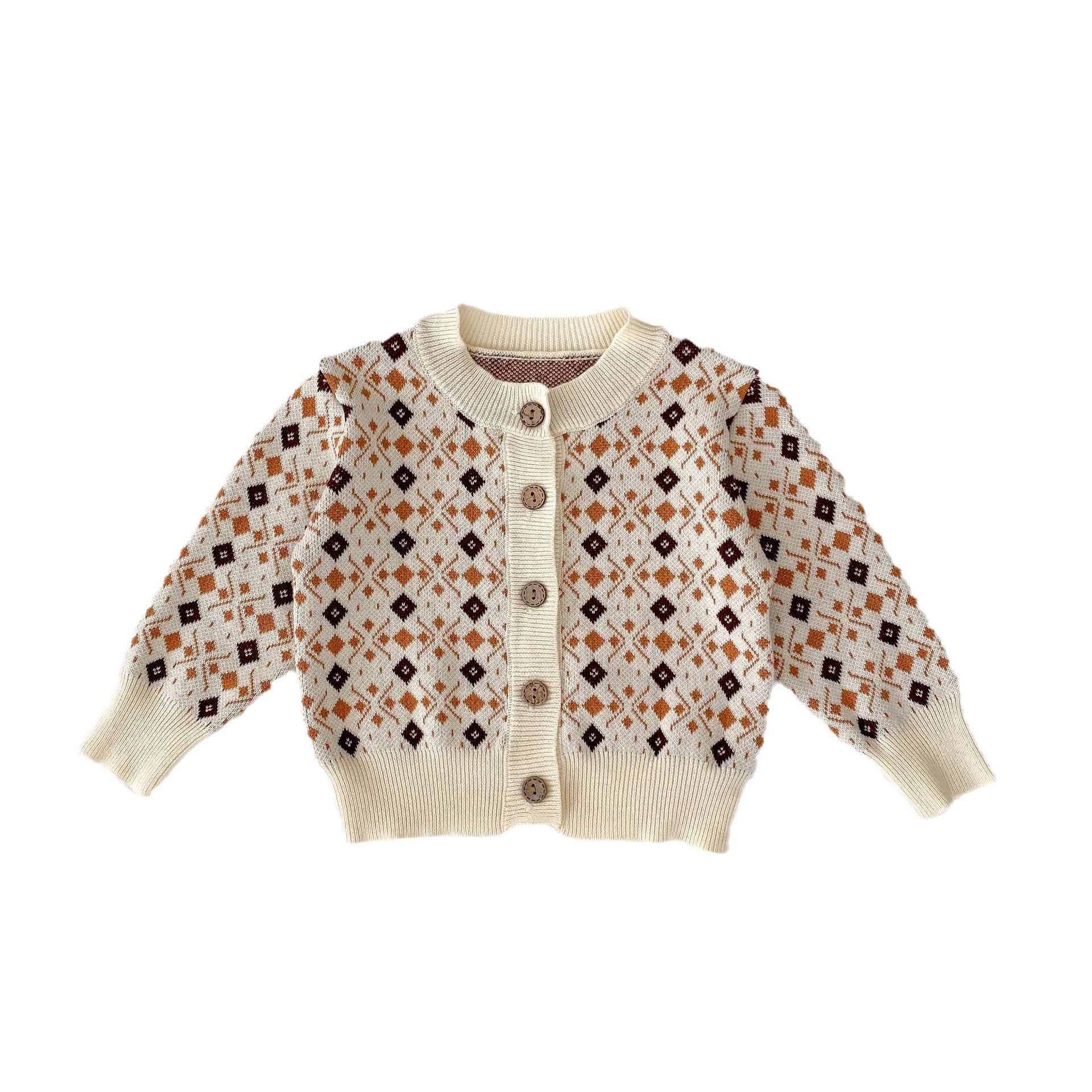 Rhombus Jacquard Knitted Coat Strap Rompers Jumpsuit Suit