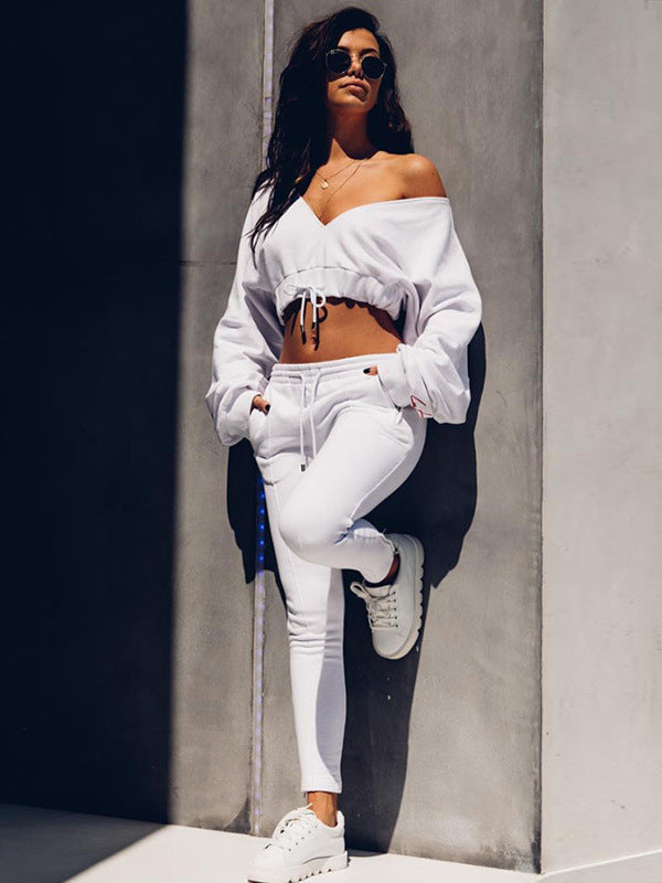 Women's Sporty V-Neck Letter Embroidered Hoodie Top