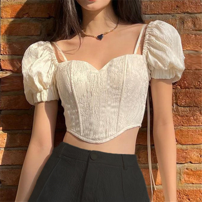 Summer French Style Square Collar Back Bow Puff Short Sleeve Top