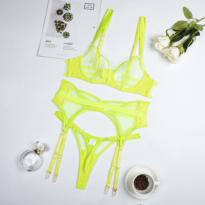 Sheer Mesh Women's Underwear Push Up Three-piece Set With Steel Ring