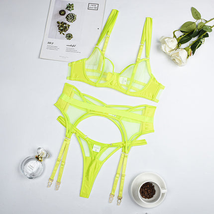 Sheer Mesh Women's Underwear Push Up Three-piece Set With Steel Ring