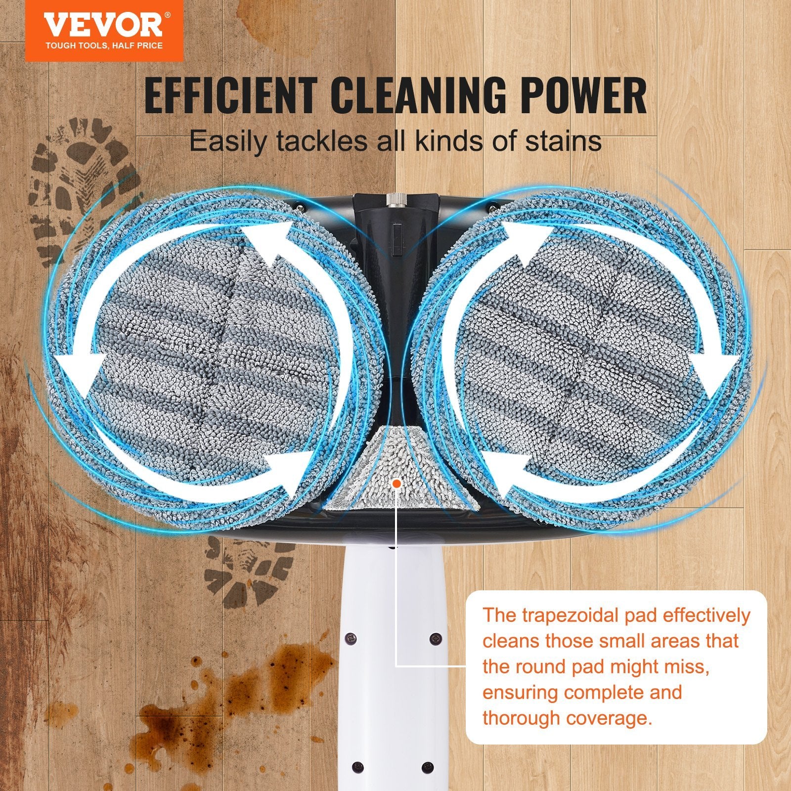 VEVOR Cordless Electric Mop, Electric Spin Mop With Water Tank, Up To 40 Mins Battery, LED Headlight, Dual Mop Heads, 4 Microfiber Pads  4 Trapezoid Microfiber Pads, For Hardwood Tile Floor Cleaning