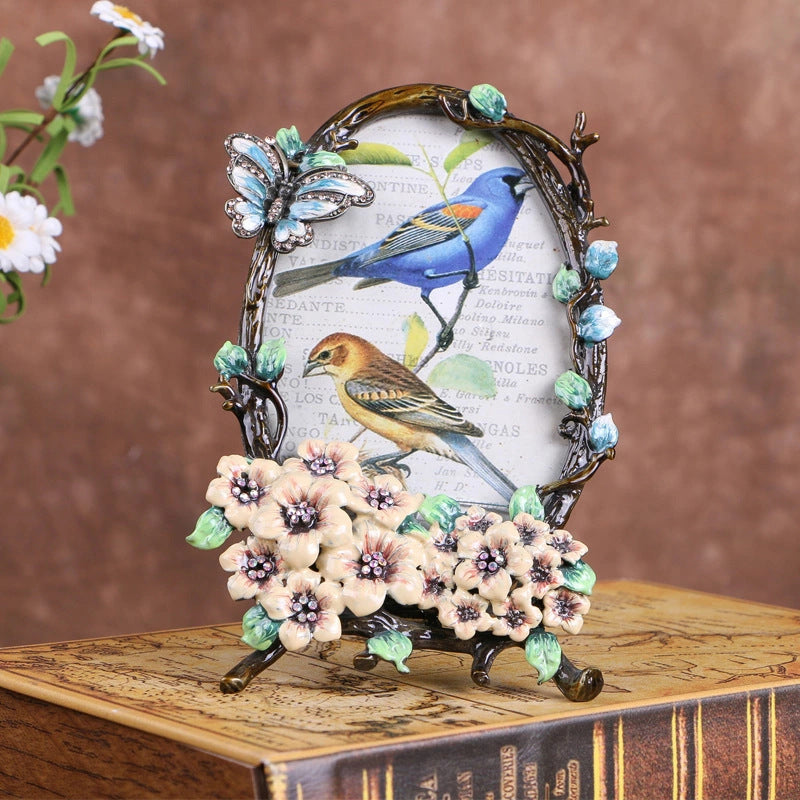 Creative Enamel Colored Metal Photo Frame With Flower And Bird Photo Frame