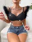 Women's Fashionable Slim-fit Diamond Super Shiny Ostrich Fur Rhinestone Fishnet Top