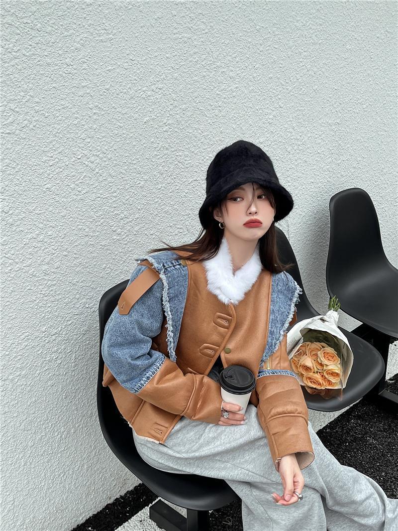 Splice Denim Lamb Fur Coat Women