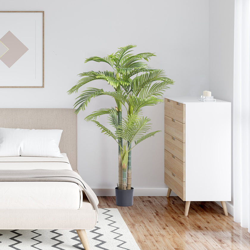 Artificial Gold Cane Palm Tree, 6.5 FT Tall Faux Plant, PE Material & Anti-Tip Tilt Protection Low-Maintenance Plant, Lifelike Green Fake Tree For Home Office Warehouse Decor Indoor Outdoor