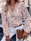 Loose Lace V-neck Chiffon Shirt For Women New Floral Printed Long-sleeved Top Women