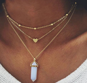 Fashion Copper Peach Heart Crystal Pendant Multi-layer Necklace