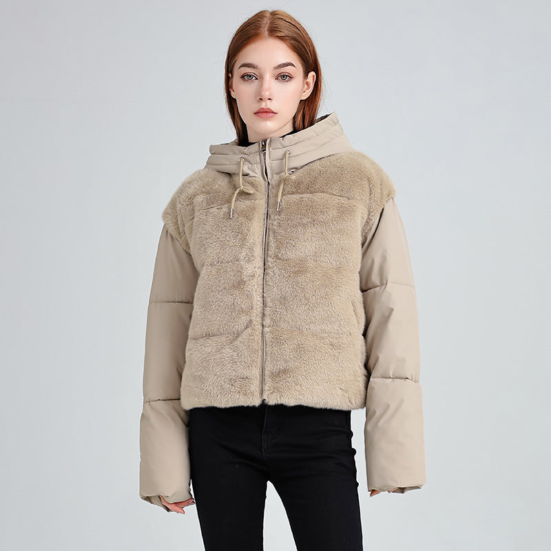 New Style Fur Patchwork Women's Coat For Women Winter Short Style Fashionable High Waist Warm Cotton Coat