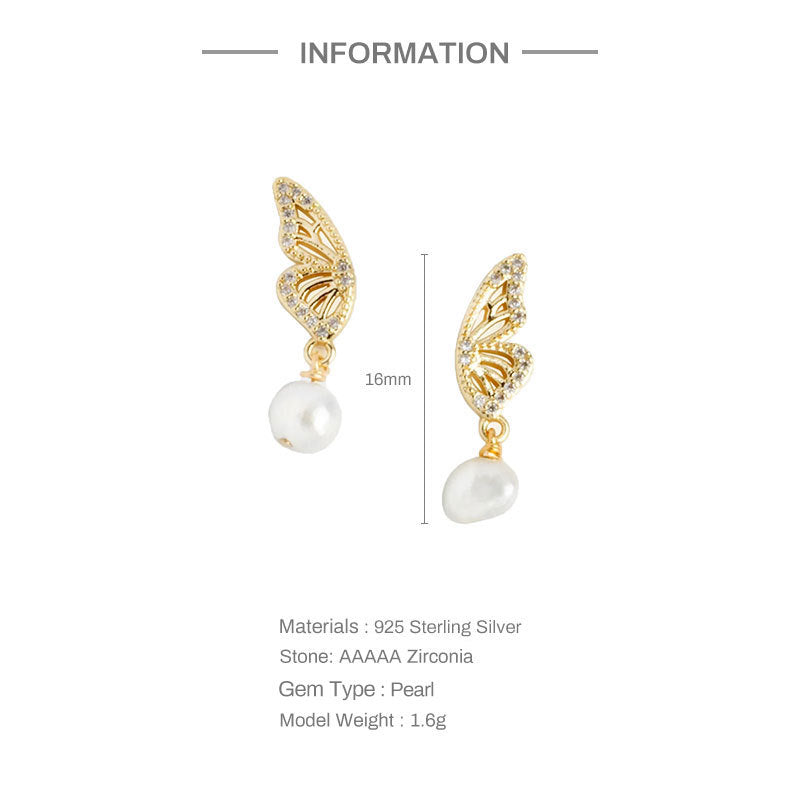S925 Sterling Silver Pearl Butterfly Wings Earrings